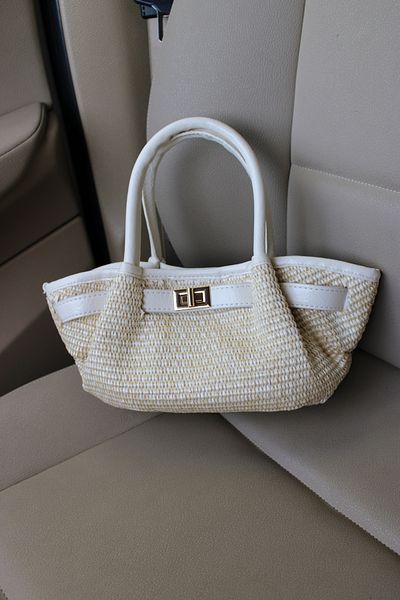 Mimoza Women's Cream Straw Stylish Hand and Shoulder Bag with Drawstring Detail