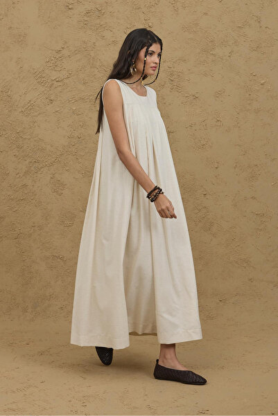 Fahhar Φόρεμα με πλισέ χοντρό λουράκι Natural