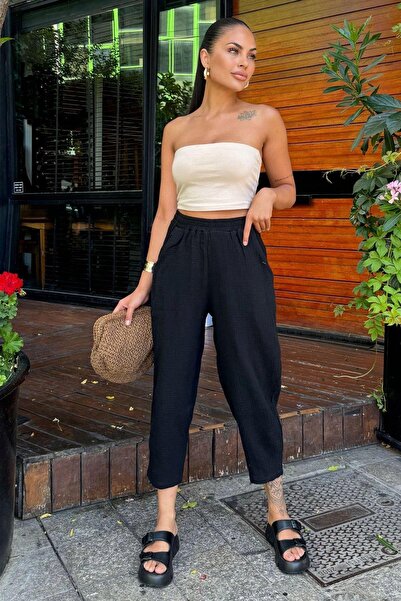 NEW LAVİVA Women's Black Müsli Elastic Loose Trousers - 700-3416