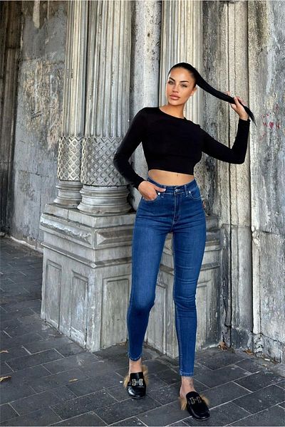 NEW LAVİVA Pantaloni de damă din denim albastru - 700-KT0098