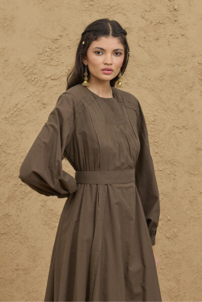 Fahhar Nervür Detaylı Vual Elbise Yeşil