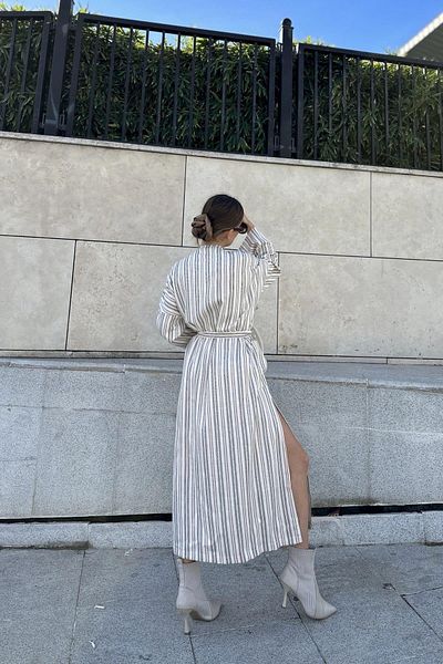 NEW LAVİVA Women's Powder Slit Belted Shawl Collar Long Trench Coat - 700-3373