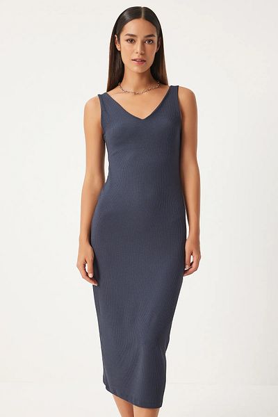 TUĞÇE ÖZER BUTİK Women's Anthracite Strap V-Neck Ribbed Knitted Dress