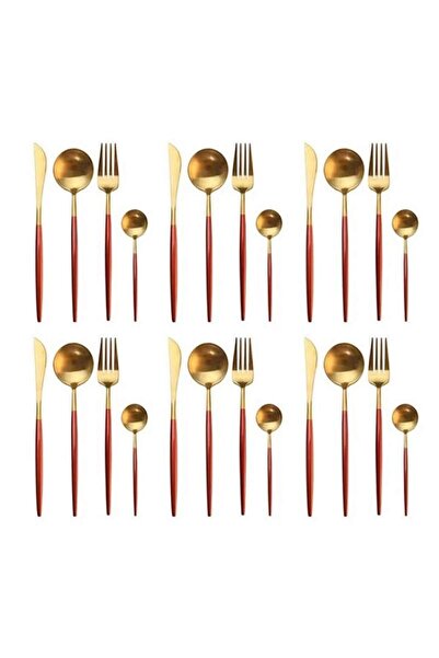 SIKS Cutlery Set, 24 Pieces Portuguese Style, Stainless Steel, Red/Gold