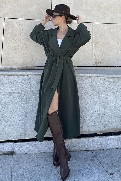 NEW LAVİVA Women's Khaki Long Oversized Pocket Trench Coat - 700-3335