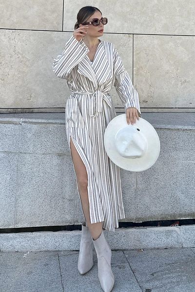 NEW LAVİVA Women's Powder Slit Belted Shawl Collar Long Trench Coat - 700-3373