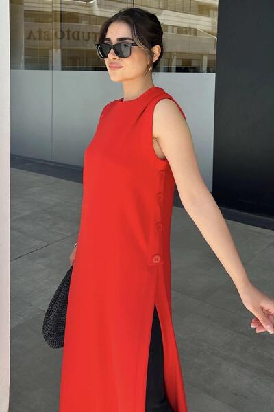 NEW LAVİVA Women's Red Slit and Button Detailed Scuba Dress Tunic - 700-3561