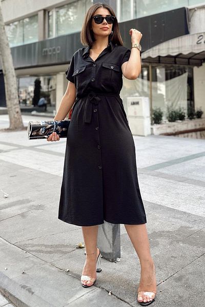 NEW LAVİVA Rochie cămașă safari neagră pentru femei cu buzunar și curea - 700-k4046
