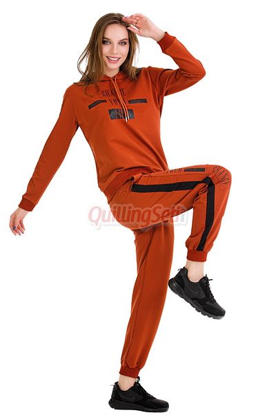 quilling Long Sleeve 22080 Women's Sports Tracksuit Set with Hood and Kangaroo Pocket Orange Color