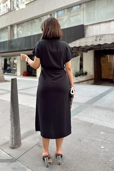 NEW LAVİVA Rochie cămașă safari neagră pentru femei cu buzunar și curea - 700-k4046