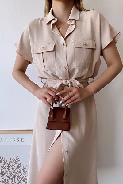 NEW LAVİVA Γυναικείο μπεζ φόρεμα με ζώνη Safari με τσέπες - 700-k4045