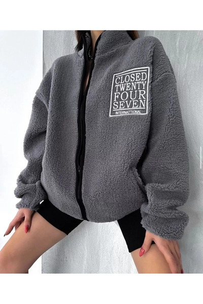 PEYORA Unisex Oversize Embroidered Plush Jacket with Pockets