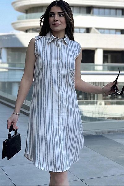 NEW LAVİVA Rochie de damă cu dungi bej - 700-3583
