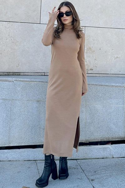 NEW LAVİVA Γυναικείο Πλεκτό Φόρεμα Camel - 700-3502