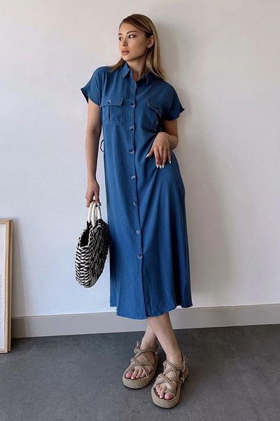 NEW LAVİVA Rochie cămașă safari cu curea de buzunar Indigo pentru femei - 700-k4045
