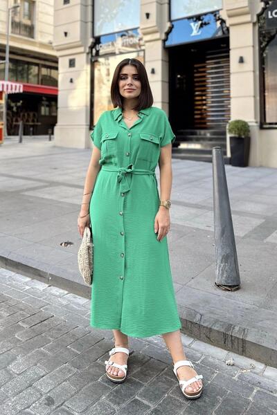 NEW LAVİVA Women's Green Pocketed Belted Safari Shirt Dress - 700-K4045
