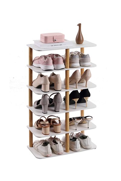 Lawazim 6-Layer Wooden Shoe Rack – White Space-Saving Tiered Organizer for Entryway & Closet