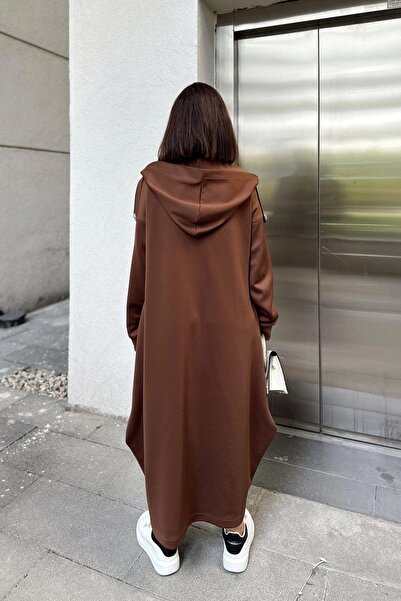 NEW LAVİVA Women's Brown Scuba Hooded Button Detailed Oversized Trench - 700-3446