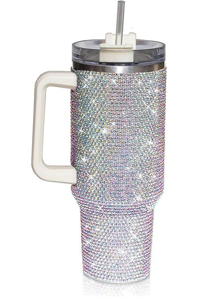 Generic 40oz Rhinestone Tumbler with Handle, Insulated Stainless Steel Travel Coffee Mug with Straw & Lid, L