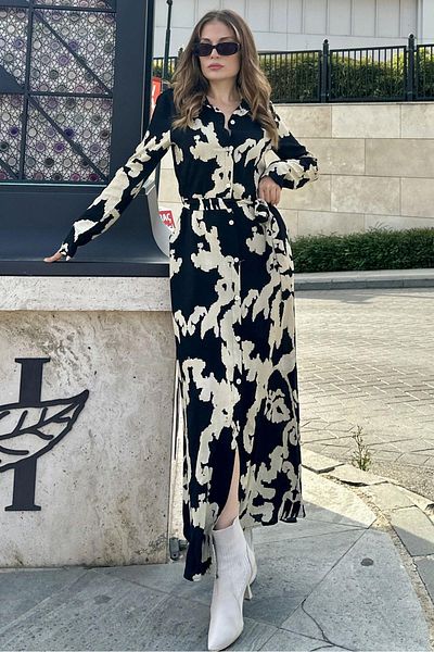 NEW LAVİVA Γυναικείο φόρεμα με μοτίβο μαύρο σάλι με ζώνη βισκόζης - 700-3413