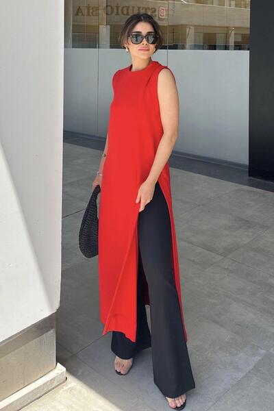 NEW LAVİVA Women's Red Slit and Button Detailed Scuba Dress Tunic - 700-3561