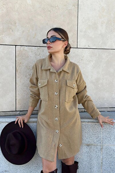 NEW LAVİVA Γυναικείο φόρεμα πουκάμισο με διπλή τσέπη Camel Kaşe - 700-3270