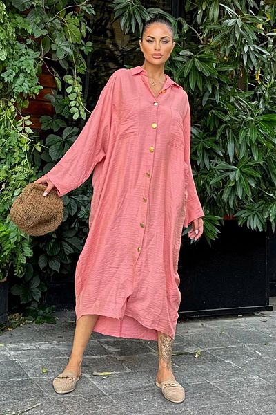 NEW LAVİVA Γυναικείο Dusty Rose Oversize Μακρύ Φόρεμα από λινό πουκάμισο - 700-3282
