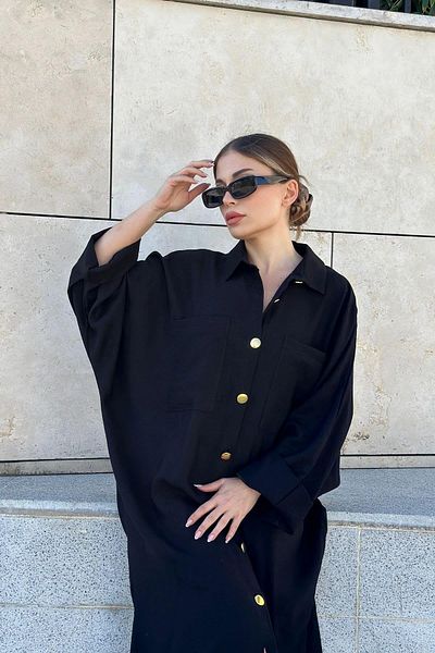 NEW LAVİVA Γυναικείο μαύρο υπερμεγέθη μακρύ λινό πουκάμισο φόρεμα - 700-3282