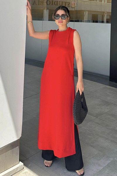 NEW LAVİVA Women's Red Slit and Button Detailed Scuba Dress Tunic - 700-3561