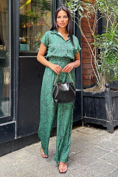 NEW LAVİVA Women's Emerald Satin Printed Elastic Jumpsuit - 700-3235