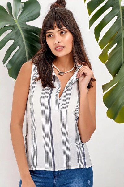 NEW LAVİVA Women's Ecru Striped Blouse - 700-2346