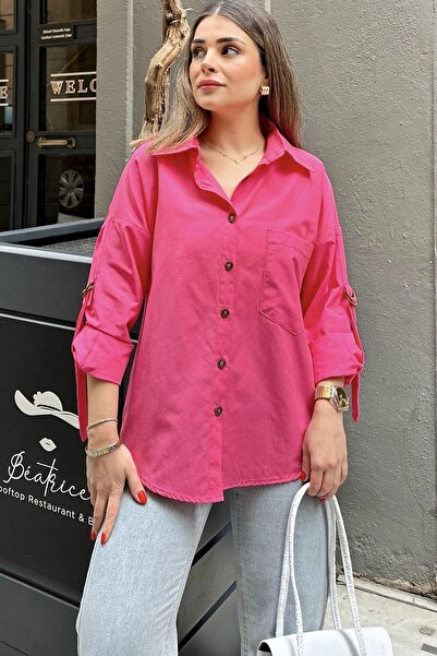 NEW LAVİVA Women's Fuchsia Epaulet and D Buckle Detailed Single Pocket Shirt - 700-3557