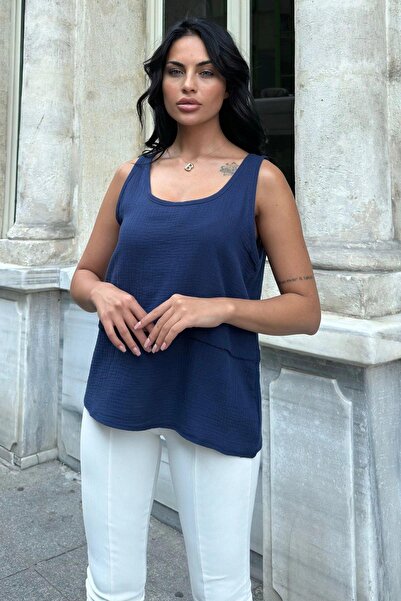 NEW LAVİVA Women's Navy Blue Muslin Strap Blouse with Stitching Detail - 700-3423