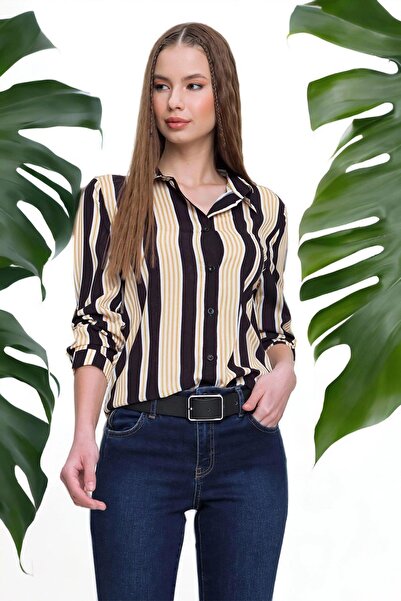 BEES JEANS Γυναικείο μαύρο ριγέ πουκάμισο - 700-K4497-1