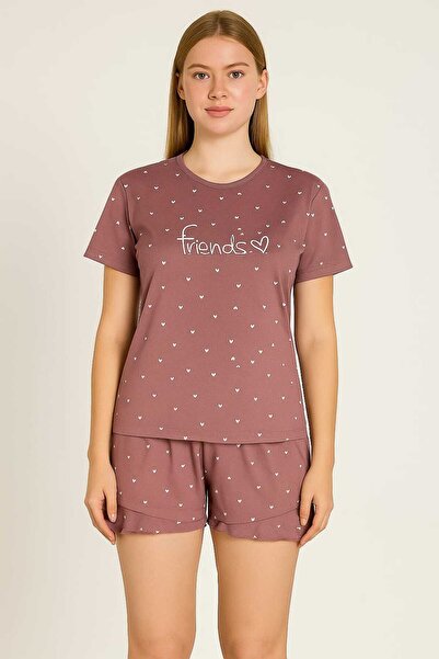 unbranded Heart Pattern Dusty Rose Color Short Sleeve Shorts Pajamas Set