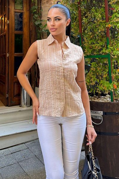 NEW LAVİVA Cămașă bej fără mâneci pentru femei - 700-2878C