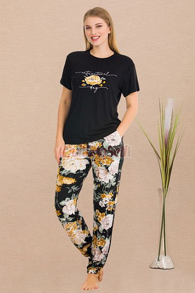 quilling Culoare neagră, model floral Lady 12550 Set de pijamale din bumbac cu mânecă scurtă pentru femei