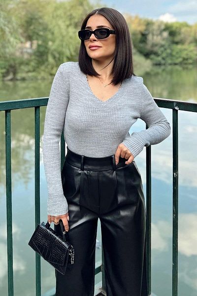 NEW LAVİVA Women's Gray V-Neck Blouse - 700-K7528