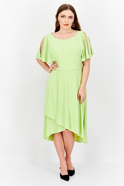 Anne Klein Women Boat Neck Flutter Sleeve Solid Midi Dress, Lime Green