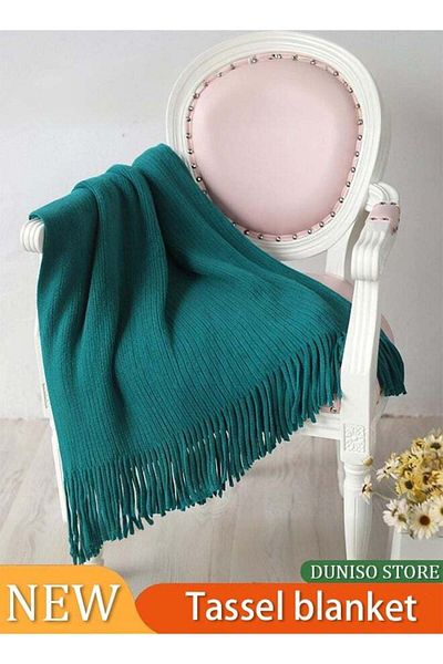 Generic Decorative Knitted Throw Blanket with Fringe, Solid Fringe Throw Blanket with Tassels Striped Knitte