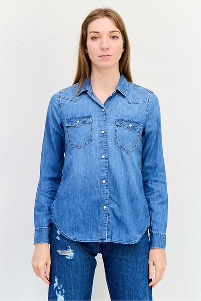 GAP Women Spread Collar Long Sleeve Washed Shirt, Blue