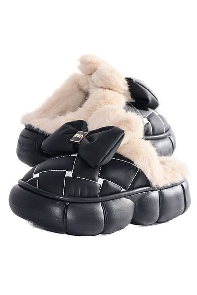 Generic Papuci de damă cu căptușeală din blană, talpă groasă din EVA, pentru interior/exterior, negri, mărimea 36-37