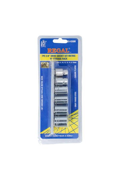 Generic طقم مقابس محرك من الفولاذ المطروق من Regal Tools، مكون من 7 قطع مع رف تخزين، فضي، مقاس 3/8 بوصة، SS-838M