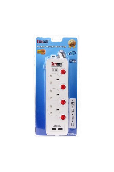 Generic Euromatt 3BS Socket Extension Cord White 5m ET-0104UK-5M-WH