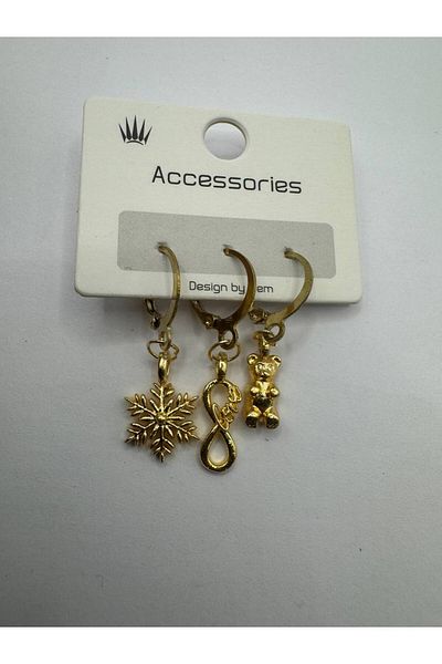 Herşey Nota 3-Piece Women's Earring Set with Gold Color Snowflake, Infinity and Teddy Bear Figures – Elegant and Stylish