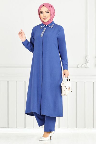 ModaMerve Set Hijab cu guler de piatră 9144PL940-M Indigo