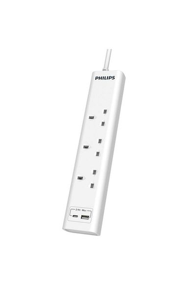 Generic Philips 13A 3-Socket 2-USB UK Plug Power Extension Cord White CHP4131WB/89