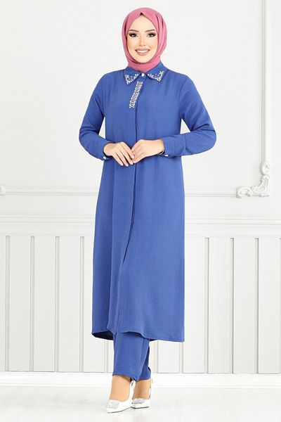 ModaMerve Set Hijab cu guler de piatră 9144PL940-M Indigo
