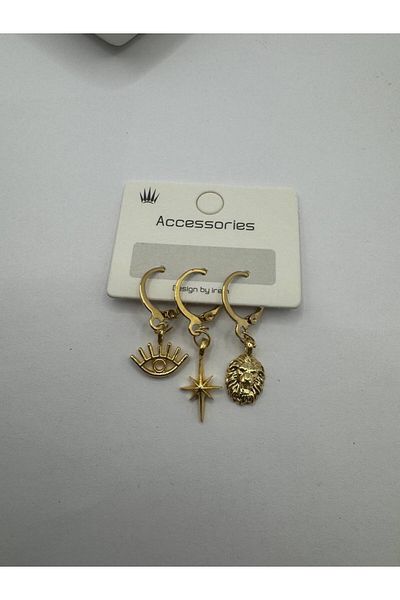 Herşey Nota D Color Eye, North Star and Lion Figured 3-Piece Women's Earring Set – Stylish and Meaningful