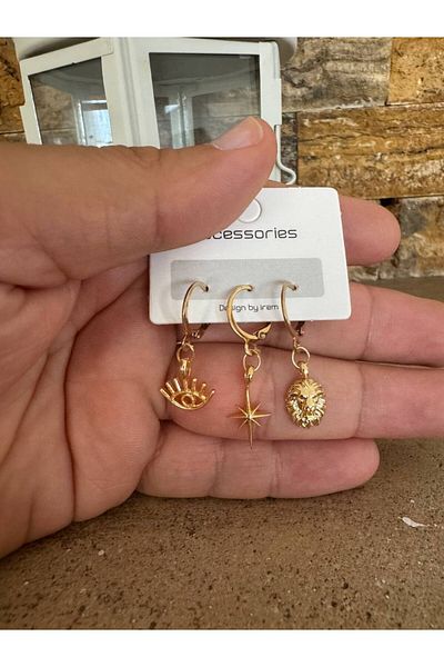 Herşey Nota D Color Eye, North Star and Lion Figured 3-Piece Women's Earring Set – Stylish and Meaningful